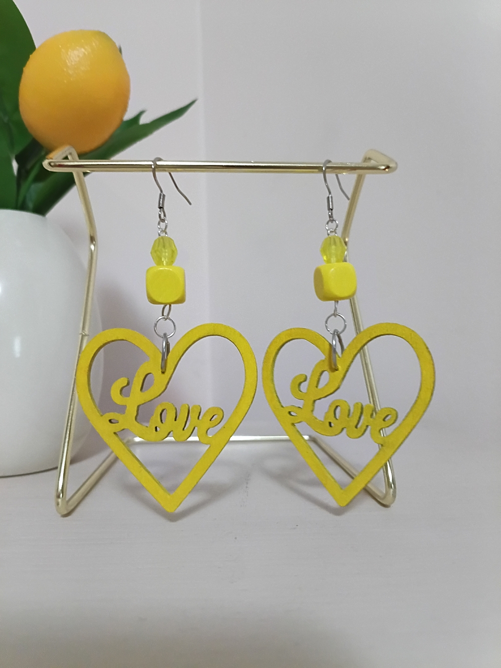 Handcrafted Yellow 'Love' Heart Drop Earrings - Picture 2 of 3